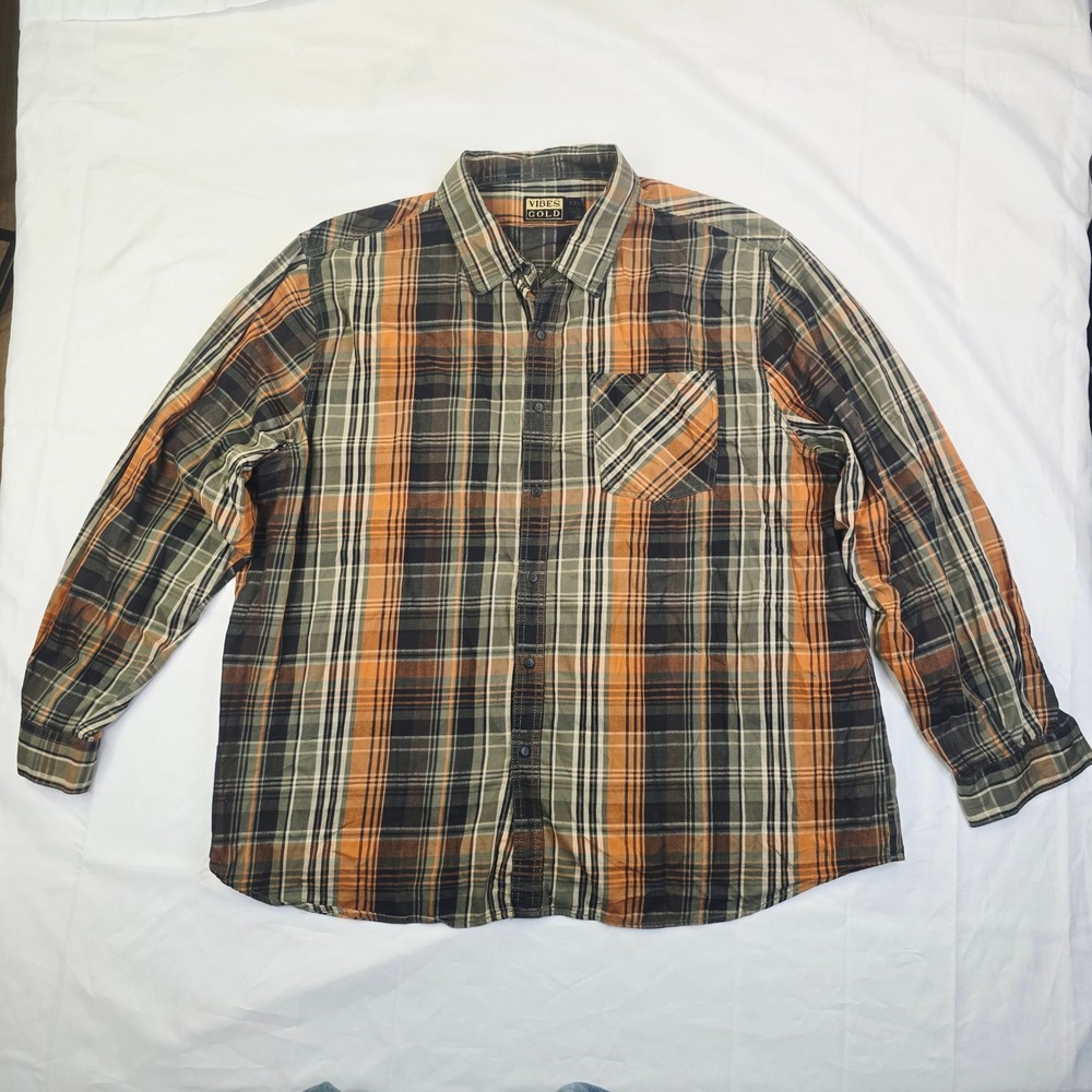 Vibes Gold Men's 5XL Button Down Shirt Orange Black Plaid Long Sleeve Pocket A01